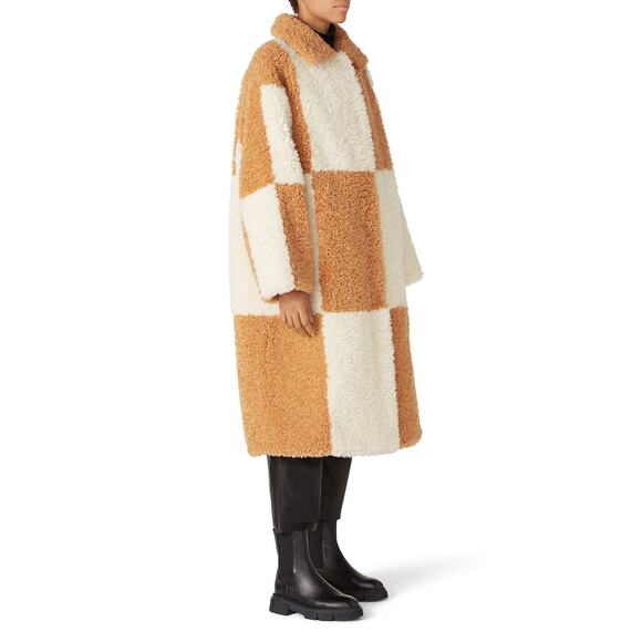 STAND STUDIO Brown White Checkered Pattern Faux Fur Oversized Nikki Coat Size 44 - Picture 2 of 16